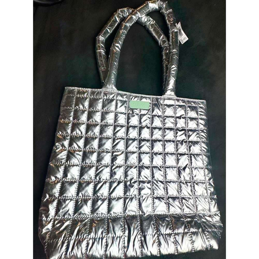 CLINIQUE Limited Edition Large Silver Green Lining Tote Bag Puffer Double Handle